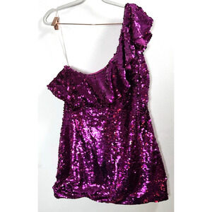 Leith Magenta Sequin One Shoulder Dress Glam Party Sparkle Coquette Maximalist M